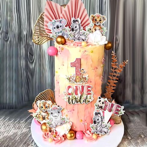 40 PCS Safari Animal Cake Toppers Two Wild 2nd Birthday Girl Baby Shower Safari Jungle Cake Decorations Pink Zoo Wild Animal Cake Topper Party Supplies in Kuwait