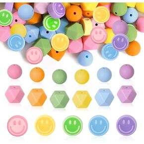 106Pcs Silicone Focal Bead Pastel Smile Face Round Octagonal Loose Bead 6 Colors Spacer Bead for Pens DIY Gift Necklace Bracelet Keychain Jewelry Making