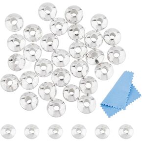 DICOSMETIC 30Pcs 925 Sterling Silver Spacer Beads 4mm Flat Round Beads Smooth Loose Beads Metal Saucer Beads Large Hole Silver Round Beads with Polishing Cloth for Ring Necklace Earring Bracelet