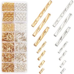 PH PandaHall 1606pcs 7 Sizes Glass Twisted Bugle Beads Metallic Tube Beads 5/6/9/12/20/25/30mm Long Tube Seed Bead Loose Bugle Spacer Beads for Earrings Bracelet Necklace Craft Jewelry, Golden/Silver