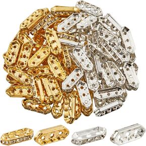 SUNNYCLUE 1 Box 100Pcs Rhinestone Spacer Beads 3 Hole Connector Bulk Sliver Gold Oval Alloy Metal Bar Link Rectangular Beads for Jewelry Making Supplies DIY Multi Strand Craft Necklace Bracelet