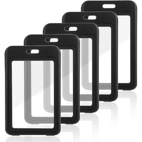 5Pcs ID Badge Holder, Hard Black Vertical Plastic Card Case, Protector Pouch with Double-Sided Clear Windows for Office School Nurse Badge ID Credit Cards Proximity Key Cards Passes