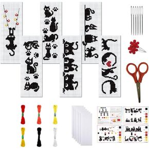 FREEBLOSS 6 Set Cross Stitch Bookmark Kit Stamped Cross Stitch Kit Black Cat Embroidery Set with Instruction for Adults 8''*2.4''