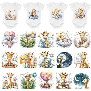 Cute Baby Iron on Transfers, 19 PCS Giraffe Onesie Decorating Kit Baby Shower, Animal Heat Transfer Stickers, Iron on Decals for T Shirts Hoodie Bibs Bodysuit Clothing DIY Crafts