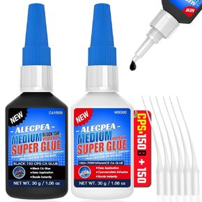 Thin-Medium CA Glue, Clear (1oz) and Black (1oz) Cyanoacrylate Super Glue Wood, Glass, Metal, Paper, Leather, Plastic, Ceramic, Rubber, Jewelry, Woodworking, Hobby Models, and Craft Project