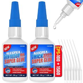 60g(2oz) Thin Thick CA Glue, Premium Cyanoacrylate Super Glue for Wood, Glass, Metal, Paper, Leather, Plastic, Ceramic, Rubber, Jewelry, Woodworking, Hobby Models, and Craft Project