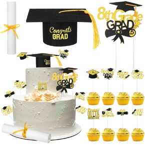 شملت مجموعة كعكة التخرج من الصف الثامن 27 PCS CAT CATE CAP مع Tassel Glitter Cupcake Toppoma Divelations for Screen School School School Supplies (Green)