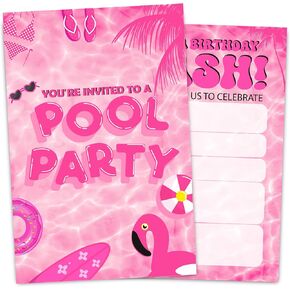Pink Pool Party Birthday Invitation Card for Girls, Swim Pool Birthday Party Invites, 30 Cards & 30 Envelopes, 4x6 Inches, Double-Sided