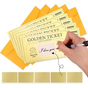 Golden Ticket 5pcs مفاجأة تكشف عن شهادات هدايا بطاقة الخدش مع مظروف لكتابة خاصتك الخاصة لعيد الميلاد ، عيد الحب ، تذاكر هدايا تذاكر حفلات الزفاف.