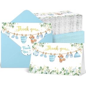50 Pack Baby Shower Thank You Cards with Envelopes Stickers Boy Baby Shower Greeting Cards Blue Baby Blank Note Cards for Baby Shower Party Supplies, 4 x 6 Inch