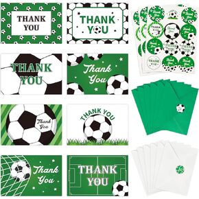 H1vojoxo 96pcs Soccer Thank You Cards مع الأظرف والملصقات ، شكرًا لك ملاحظات على تعيين بطاقات تهنئة الكرة الرياضية للاعبين في كرة القدم بطاقات تقدير فارغة لحفلة عيد ميلاد الطفل