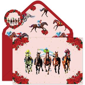 Whaline 24Pcs Horse Racing Thank You Cards with Envelopes and Stickers Horsing Racing Greeting Card Red Horse Rose Blank Note Cards for Kentucky Derby Party Supplies