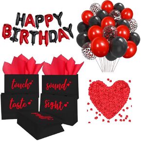 YIXAXKAO 5 Senses Gift Bags Five Senses Birthday Party Decorations with Tissue Paper, Rose Petals and Happy Birthday Banner Balloons Five Senses Gift for Him Husband Boyfriend (Red black)