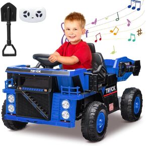 Ride On Dump Truck,Ride On Car Toy with Remote Control,Electric Dump Bed,Shovel, 12V Ride On Construction Vehicle for Kids with Music Player, High and Low Speed,Yellow