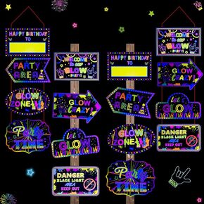 16 Pieces Glow in The Dark Party Supplies - Neon Signs, Birthday Paper Banner, Door and Wall Welcome Signs for Black Light Decorations