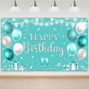 Avezano Happy Teal عيد ميلاد لافتة الفيروز والفضة لافتات عيد الميلاد الخلفية تيل الزخارف للنساء لوازم حفلة عيد ميلاد سعيد 70.8 × 43.3 بوصة