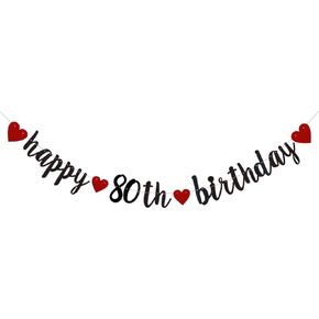 Happy 80th Birthday Banner, Pre-Strung,Black and Red Glitter Paper Garlands for 80th Birthday Party Decorations Supplies,No Assembly Required,Glitter Red and Black,SUNbetterland