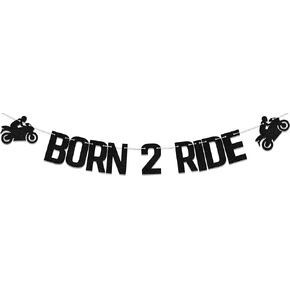 Born 2 Ride Banner, Black, 2nd Birthday Party Decoration, Vehicle Theme Glitter Paper