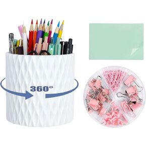 360° Rotating Pen Holder with Sticky Note and Clips Set,Desktop Storage Stationery Supplies Organizer,Cute Pencil Cup Pot Pencil Holder for Office,School,Dorm Room&Vanity,Desk Accessories (Pink)