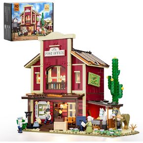 FUNWHOLE Old West Post Office Lighting Building-Bricks Set - 1692 Pcs The Wild West Town Collection Display Set for Adults and West Lovers
