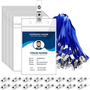 100 Set ID Badge Holder with Lanyard and Clip 4x3 Inch Vertical Clear Name Badge Holders with 100 Metal Clips and 100 Lanyard Straps Plastic ID Card Protector for Student Event(Blue Lanyards)