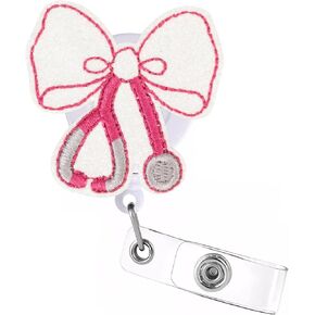 Celokiy Stethoscope Bow Badge Reel, Pink Embroidered Retractable Medical ID Card Holder for Nurses, CNA, and Healthcare Workers