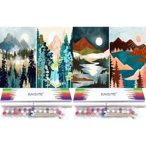 Baisite 4 Pack Paint by Numbers Kit للمبتدئين البالغين ، 12 "WX16 L Canvas صور رسم الطلاء مع 16 قطعة من الفرشاة الخشبية ، صبغة أكريليك في صندوق الهدايا والجبال والشمس