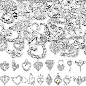Kenning 48 Pcs 12-31mm Valentine's Day Heart Rhinestone Charms Bulk Alloy Sweet Heart Charms Crystal Heart Dangle Pendants for DIY Bracelet Necklace Earring Jewelry Making Supplies