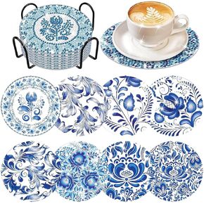 MaitianGuyou Blue Floral Diamond Art Coasters with Holder,DIY Acrylic Diamond Coasters Decorative Coasters Diamond Art Kits for Beginners Adults Diamond Art Crafts Supplies, 8 Pieces