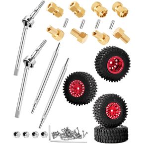 Upgrade Parts for 1/18 TRX4M,#45 Steel Front & Rear Axle Drive Shaft CVD,Rc Wheels Tires Hex Detachable,10mm Hex hub Extended Wheel Hex,Red with Silver