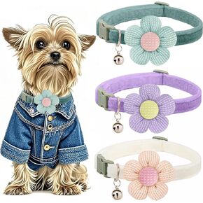 Puppy Collars, Small Dog Collars for Small Dogs with BellXs Dog Collars for Girl Boy with Flower (White + Yellow + Pink)