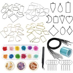 Allazone 76 PCS Open Bezel Charms with Pressed Flower Set Includes 50 PCS Open Bezels, Tweezers, Seamless Resin Tape, Keychain for Craft DIY