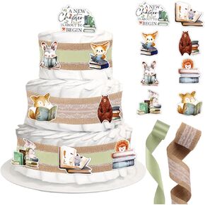 Baby Shower Storybook Theme Diaper Cake Decorations, Birthday Welcome Baby Party Diaper Cake Supplies Green, Include Ribbon, Animals Cake Cards(Diaper Not Included)