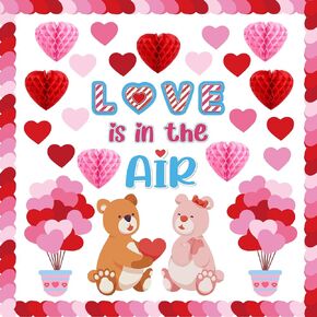 100Pcs Valentine's Day Bulletin Board Decoration Love Is In The Air Bulletin Board Classroom Decoration Heart Hot Air Balloon Honeycombs Border Trims Valentines Decor for Valentines Day Party Supplies