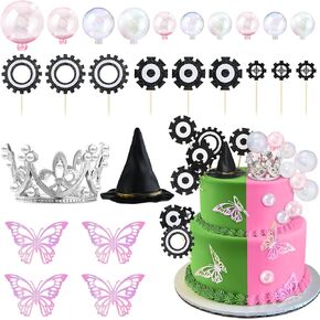 Geelin 28 PCS Witch Hat and Crown Cake Topper Topper Witch Witch Decortations Party Party Pareons Mini Baloons 3D Pink Butterfly Black Gear Cake Toppers Silver Crown Decortations for Movie Birthday Party