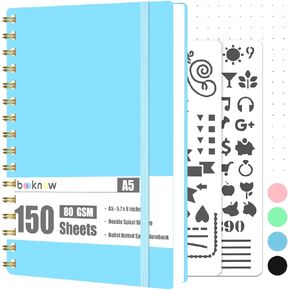 Dotted Journal Notebook, 5.7 x 8 Inch, 150 Sheets, Blue Hardcover with Stencil