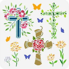 Pingerinspire الأزهار المتقاطع الطلاء stencil 11.8x11.8inch قابلة لإعادة الاستخدام 3 نمط زهرة الصلب قالب الرسم لزينة الأثاث الجدران