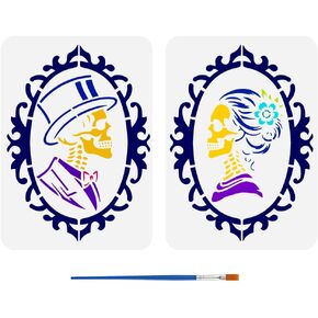 FINGERINSPIRE 2 PCS Skull Picture Frame Painting Stencil 8.3x11.7inch with Paint Brush Skull Gentleman with Hat Template Lady Skull with Flower Stencil Skeleton Stencil Skull Theme Template for DIY