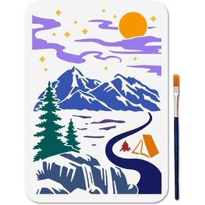Mayjoydiy Moon Star Cloud Painting Stencils 8.3 × 11.7 بوصات قابلة لإعادة الاستخدام جبل شجرة الطريق مع فرشاة الطلاء للحرف اليدوية.