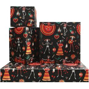 Day of the Dead Colourful Horror Skull Roses Mexican Spooky Design Wrapping Paper Set of 4 Folded Flat Sheets (27.5 X 19.5 inches per Sheet: 15 sq. ft. ttl.) Dia de los Muertos, Halloween & Xmas Holiday Party DIY Crafts Presents Gift Wrap