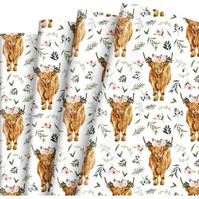 Whaline 6 Sheet Watercolor Highland Cow Wrapping Paper -Not Roll- Cow Floral Greenery Gift Wrap Paper Bulk Folded Flat DIY Craft Paper for Birthday Wedding Baby Shower, 19.7 x 27.6 In