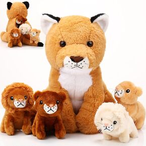 Honoson 5 Pcs Lion Plush Set Large Lion Stuffed Animal with 4 Cute Baby Lions in Zippered Back Soft Cuddly Plushie Boys Girls Birthday Forest Party Favors