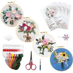 QOWMMYID 4 PCS الزهور مجموعات التطريز للبالغين ، يدوي DIY Cross Stitch KITS KITS METS للمبتدئين تعليمات التشغيل سهلة المتابعة مع خيوط الطوق وأنماط الزهور (4pcs)