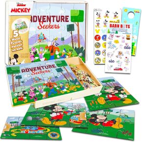 Mickey Mouse Wooden Puzzle 5 Pack - حزمة Mickey Mouse Wood Buzzles مع صينية عقد مع ملصقات Mickey والمزيد | ميكي ماوس بانوراما للألغاز للأطفال