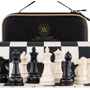 A&A Chess Set - 15''x15'' Foldable Silicone Chessboard and 3.25'' King Height Plastic Staunton Pieces with Carrying Case for Portable Travel