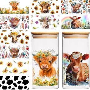 10 صفائح الأشعة فوق البنفسجية DTF Cup لفات ل 16 أونصة ، Highland Highland Cow UV DTF Cup Transfer ملصقات للكؤوس الزجاج