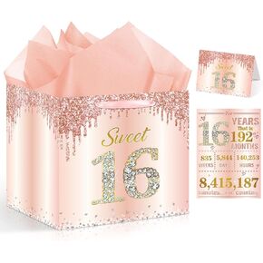 12" Extra Large Rose Gold Sweet 16th Birthday Gift Bag for Girls Large Pink Happy Sweet 16th Birthday Gift Bag with Wrapping Paper Poster and Card for 16 Years Old Bday Decorations Party Supplies