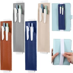 4 Pieces Elastic Notebook Band Holders for Notebook PU Leather Adjustable Pen Sleeve Pouch Adjustable Straps Leather Pen Sleeve Pouch for Notebook Planners Binders Books (Khaki, Gray, Brown, Navy)