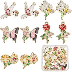 Sunnyclue 1 Box 20pcs مينا زهرة سحر الأزهار الذهب سبيكة سبيكة المعادن الخنفساء الطيور الفراشة ملونة سحر نبات الربيع لتصنيع المجوهر