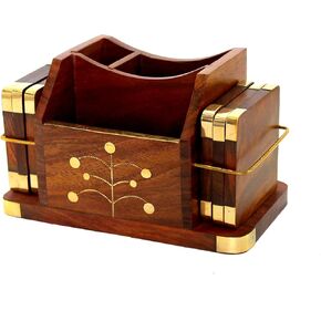 Stonkraft Wooden Rosewood Desk Organizer, Coasters Set, Pen Stand, Business Card Holder with Brass Work (Office Table Accessories)